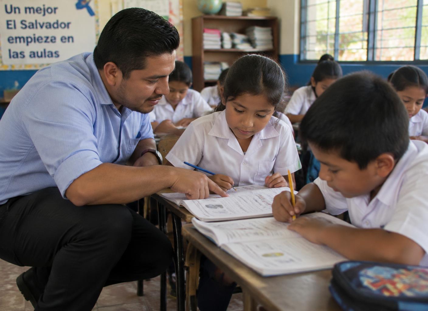 Docente acompañando a sus estudiantes mientras trabajan en sus libros