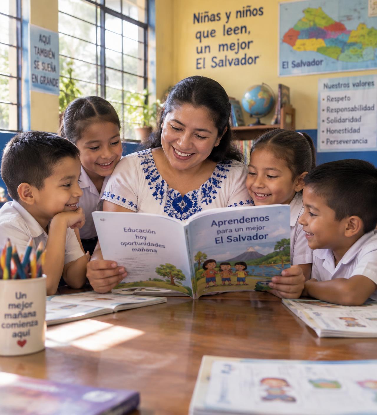 Docente salvadoreña leyendo un libro educativo con sus estudiantes en el aula